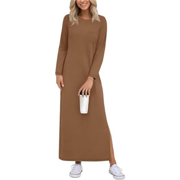 Women's Casual Round Neck Long Sleeve Loose Split Long Maxi Dress with Pockets - Picture 3 of 6